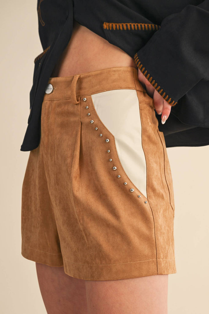 STUDDED FAUX SUEDE SHORTS