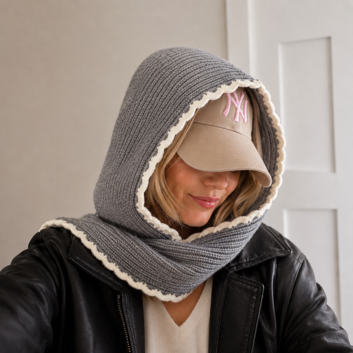 Ellison+Young Scallop Trim Balaclava Hooded Scarf, Contrast Color Edge