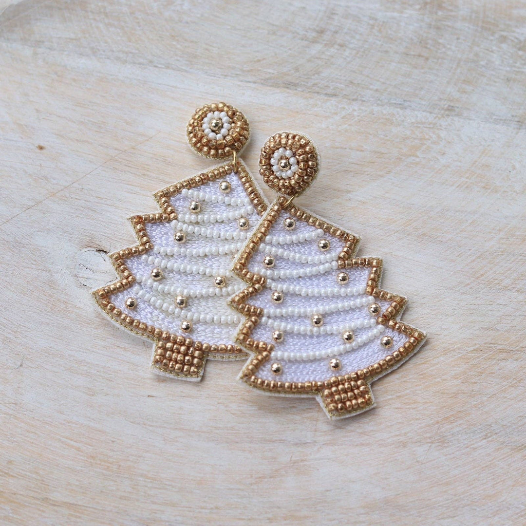 Beaded White Christmas Tree Earrings