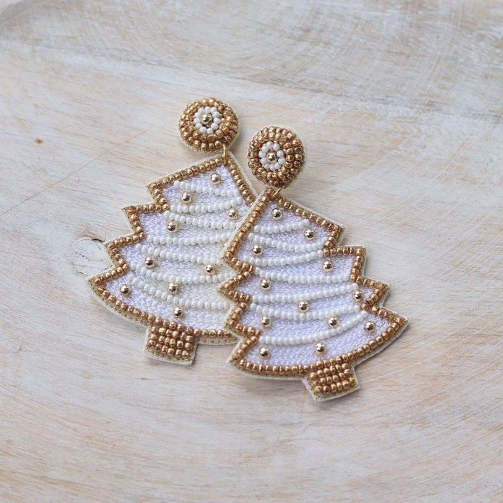 Beaded White Christmas Tree Earrings