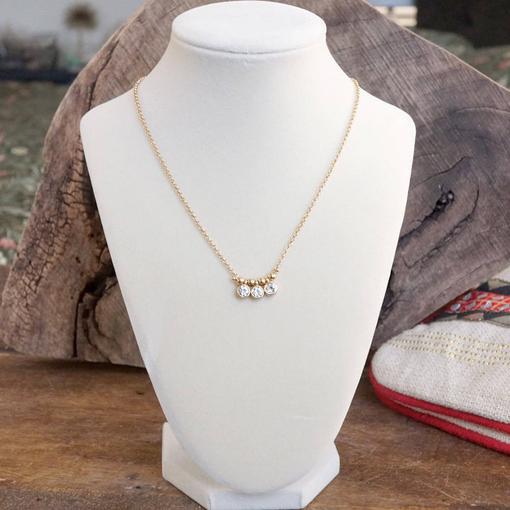 Dainty Crystal Bezel Necklace with Golden Ball Beads