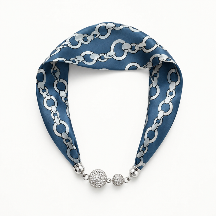 Satin Twilly Scarf Necklace with Jeweled Magnetic Clasp