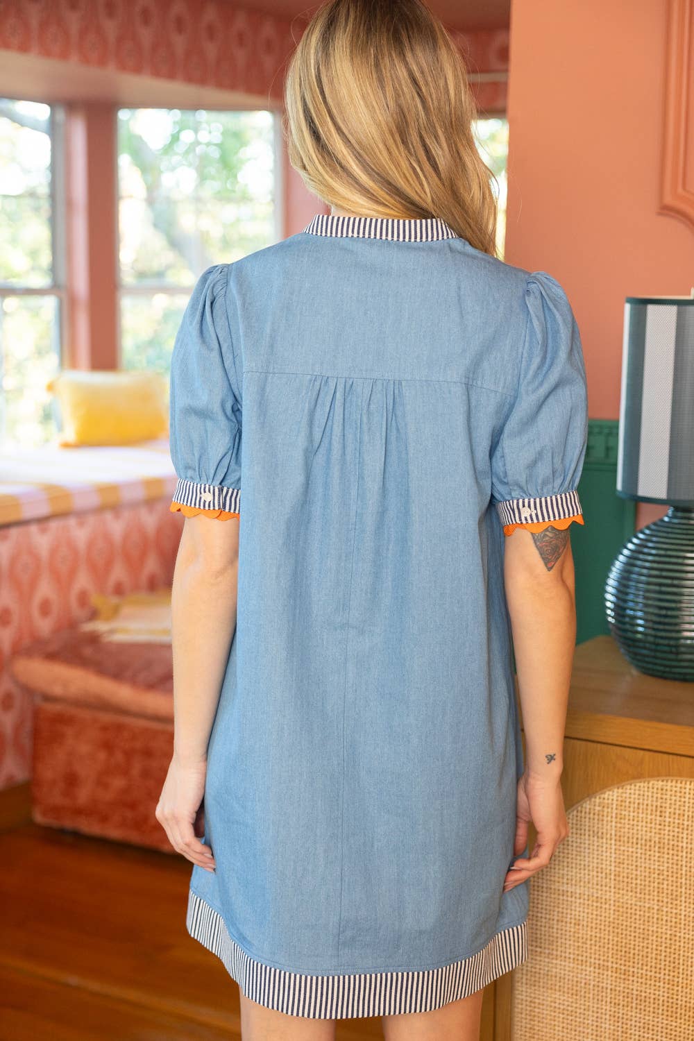 Stripe And Wavy Trim Detailed Chambray Shift Dress