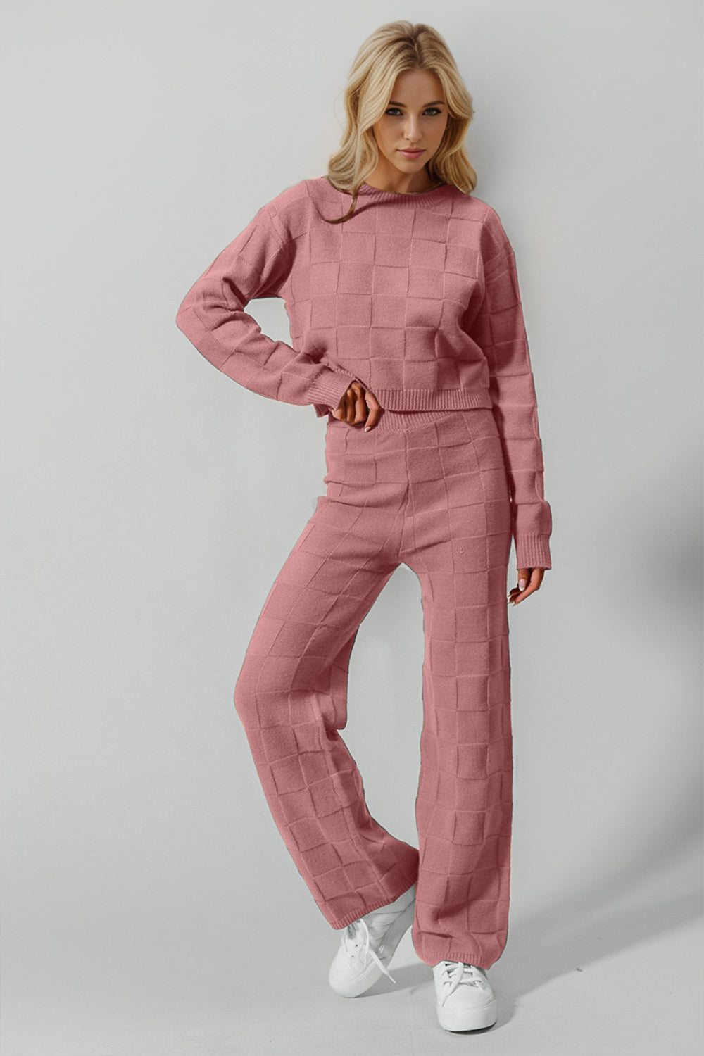 Double Take Full Size Checkered Round Neck Top and Pants Set (Online Only)