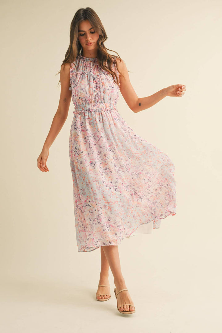 FLORAL PRINT RUFFLE MIDI DRESS