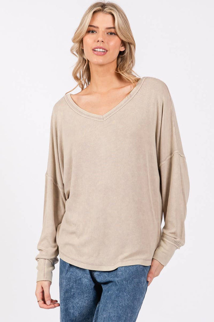 TWIST BACK RIBBED LONG SLEEVE TOP