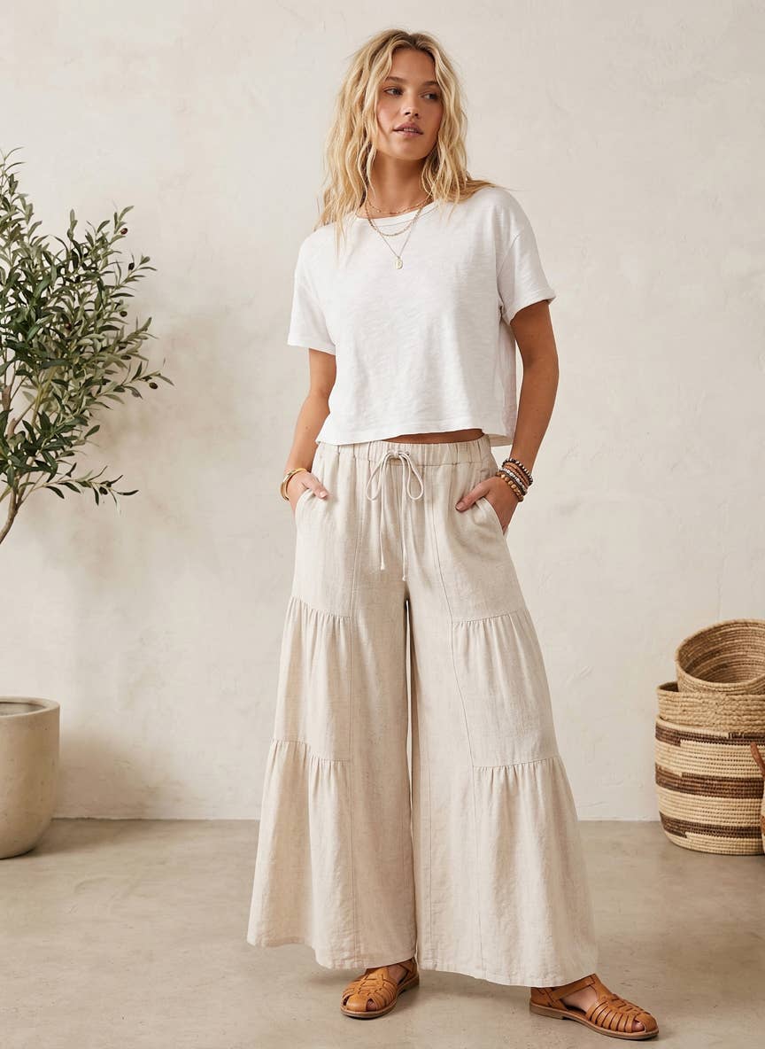 Linen Blend Tiered Pants