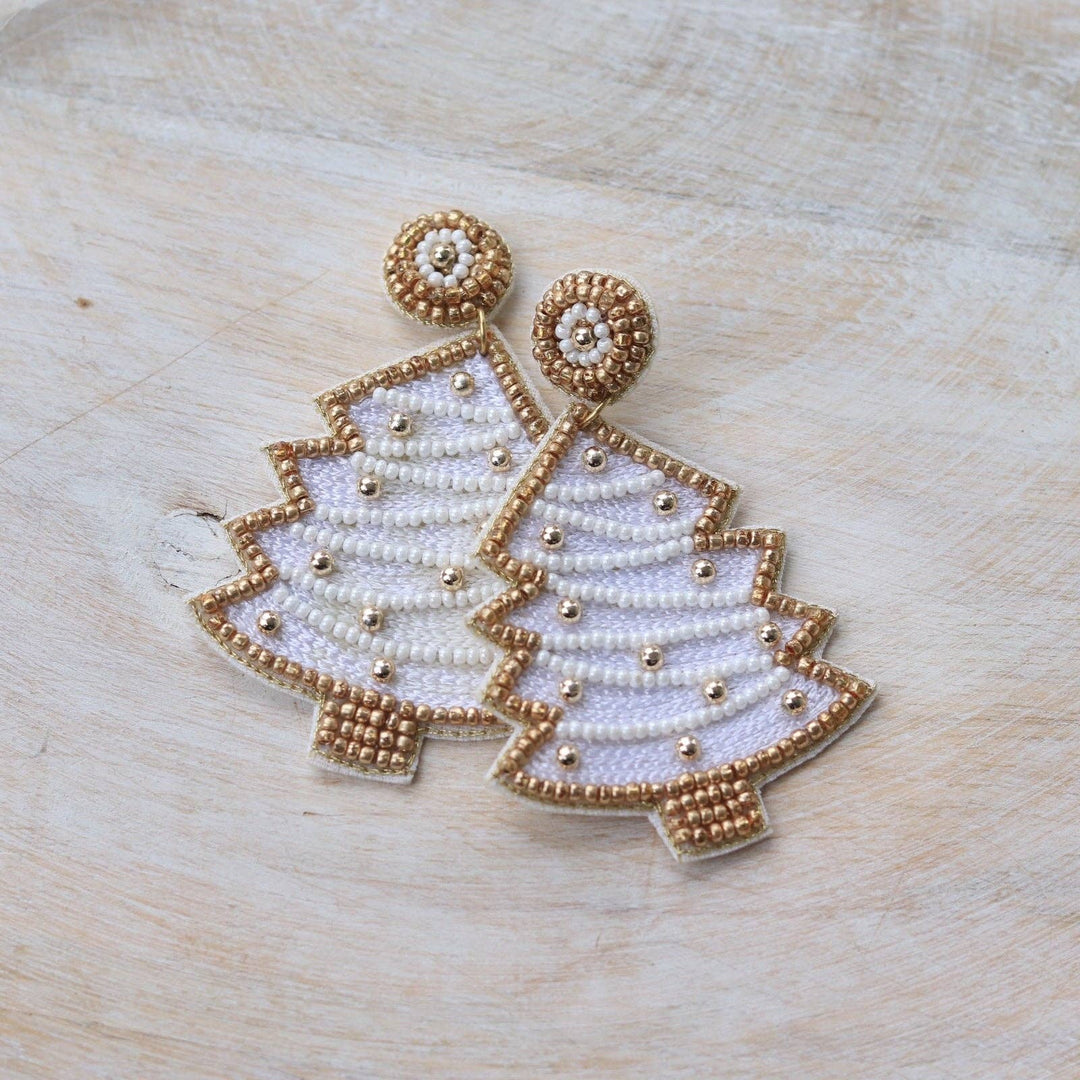 Beaded White Christmas Tree Earrings