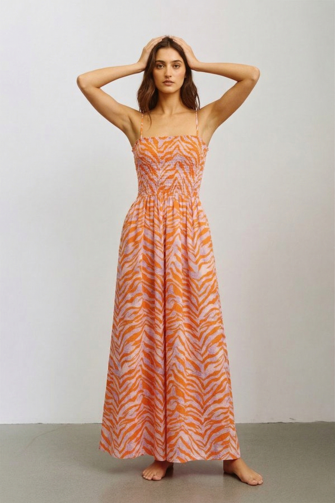 Wide Legs Smocked Floral Print Jumpsuit