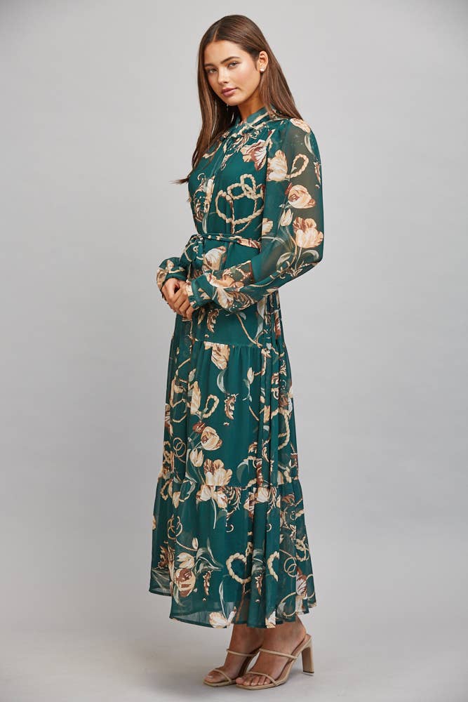 FLORAL/CHAIN PRINT CHIFFON SELF WAIST TIE BUTTON DOWN DRESS