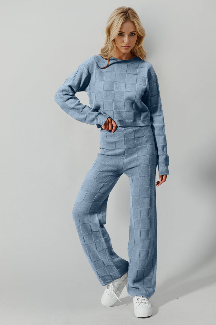 Double Take Full Size Checkered Round Neck Top and Pants Set (Online Only)