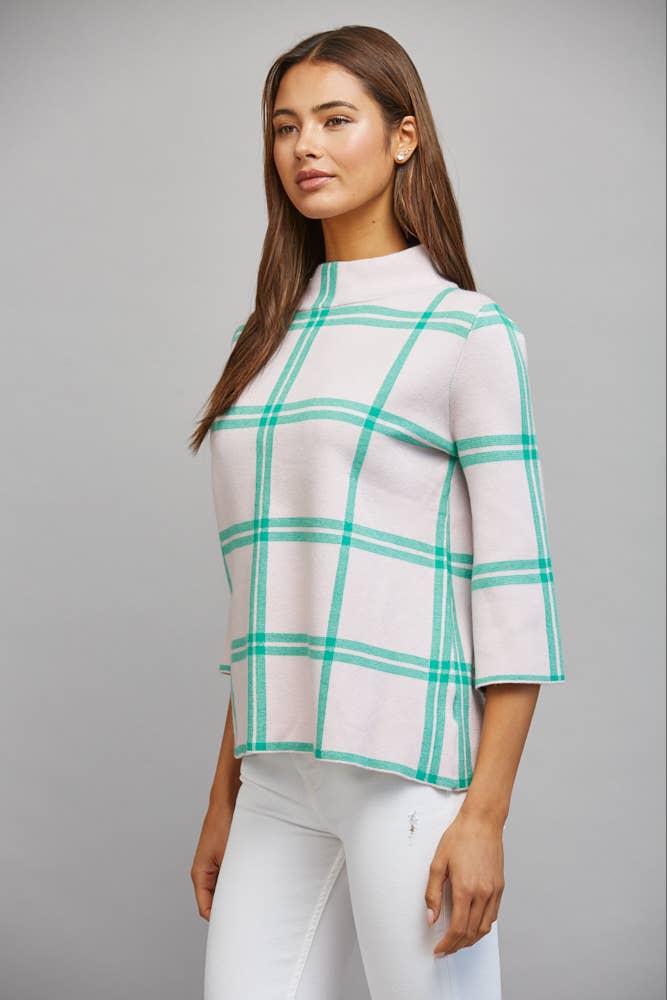PLAID PATTERN MOCK NECK SWEATER
