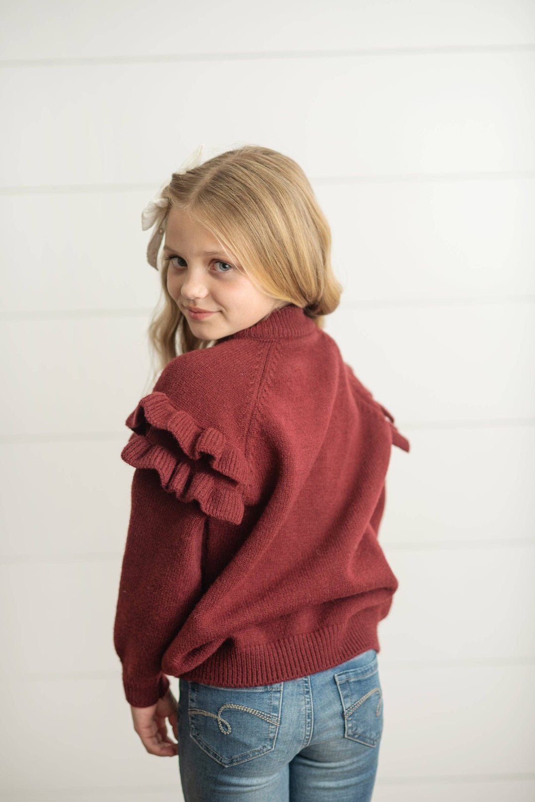 Wine Double Ruffle Sweater