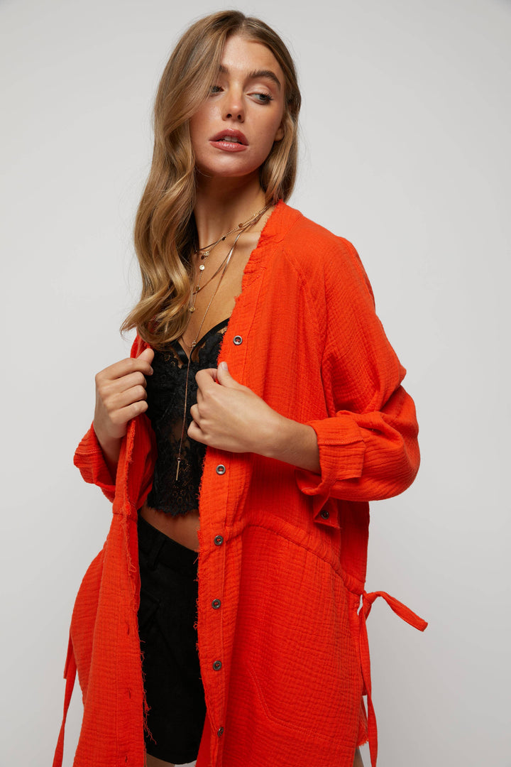 Tie Front Long Sleeve Button Down Orange