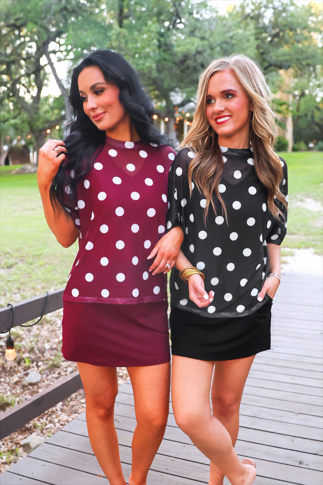 Emma Mesh Tee- Burgundy Polka Dot