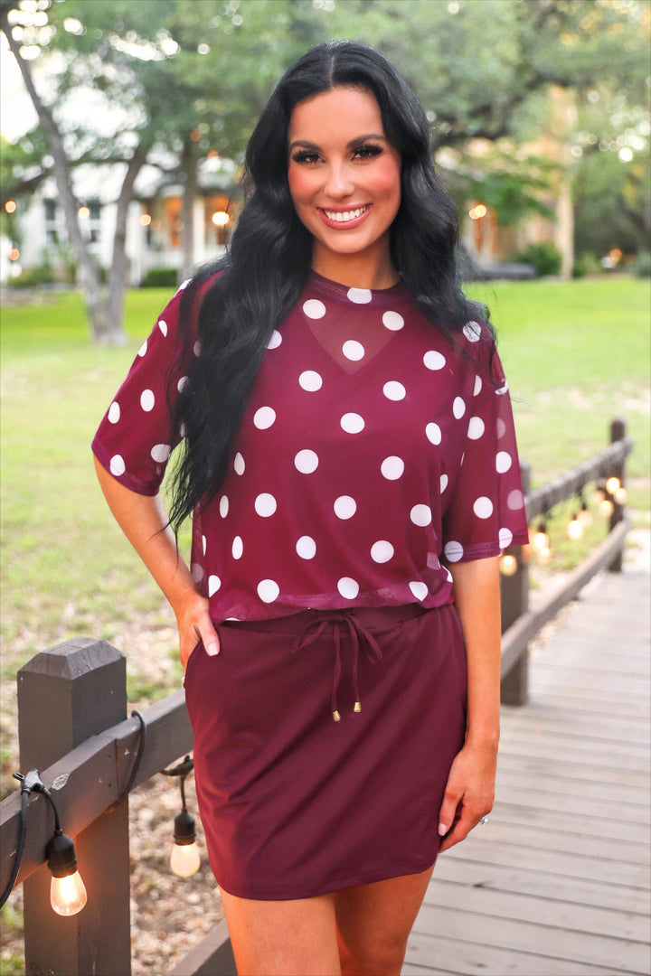 Emma Mesh Tee- Burgundy Polka Dot