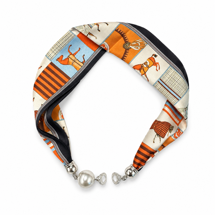 Satin Twilly Scarf Necklace with Jeweled Magnetic Clasp