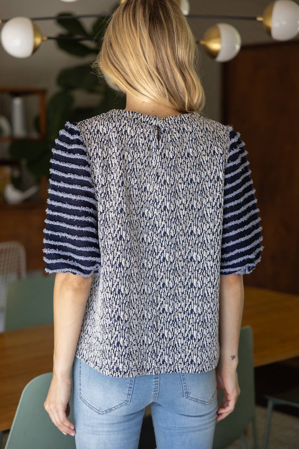 Mixed Pattern Fuzzy Sleeve Top