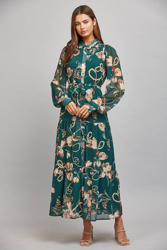 FLORAL/CHAIN PRINT CHIFFON SELF WAIST TIE BUTTON DOWN DRESS