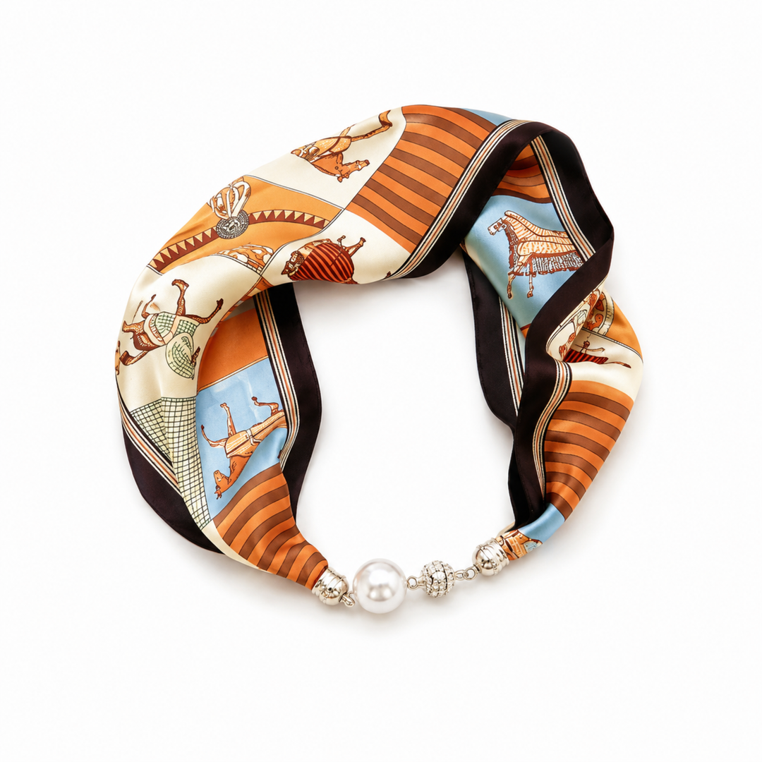 Satin Twilly Scarf Necklace with Jeweled Magnetic Clasp