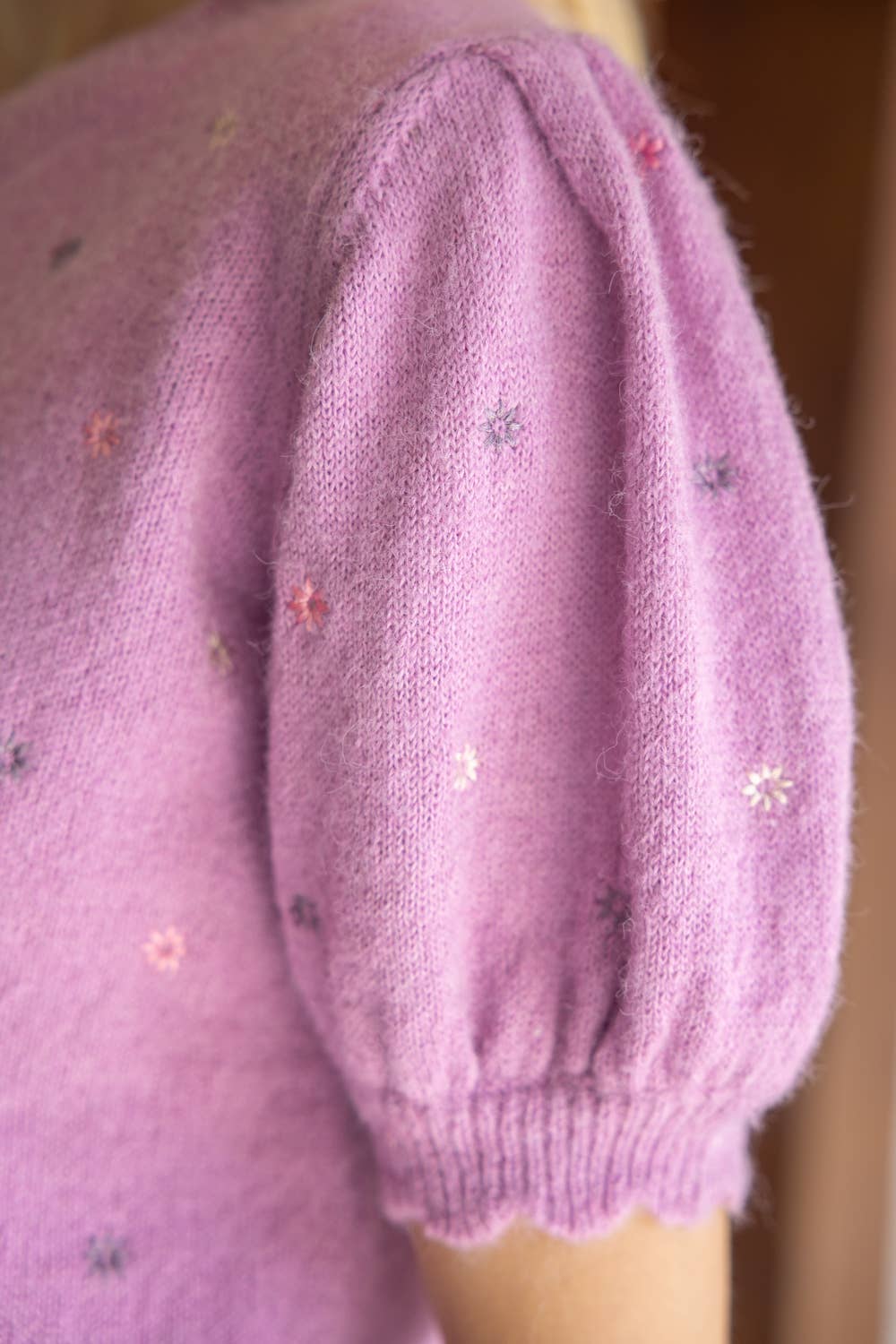 Lavender Floral Embroidered Short Sleeve  Sweater