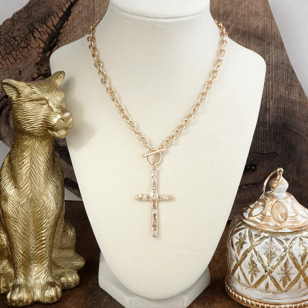 Hammered Cross Front Toggle Necklace