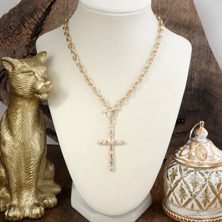 Hammered Cross Front Toggle Necklace