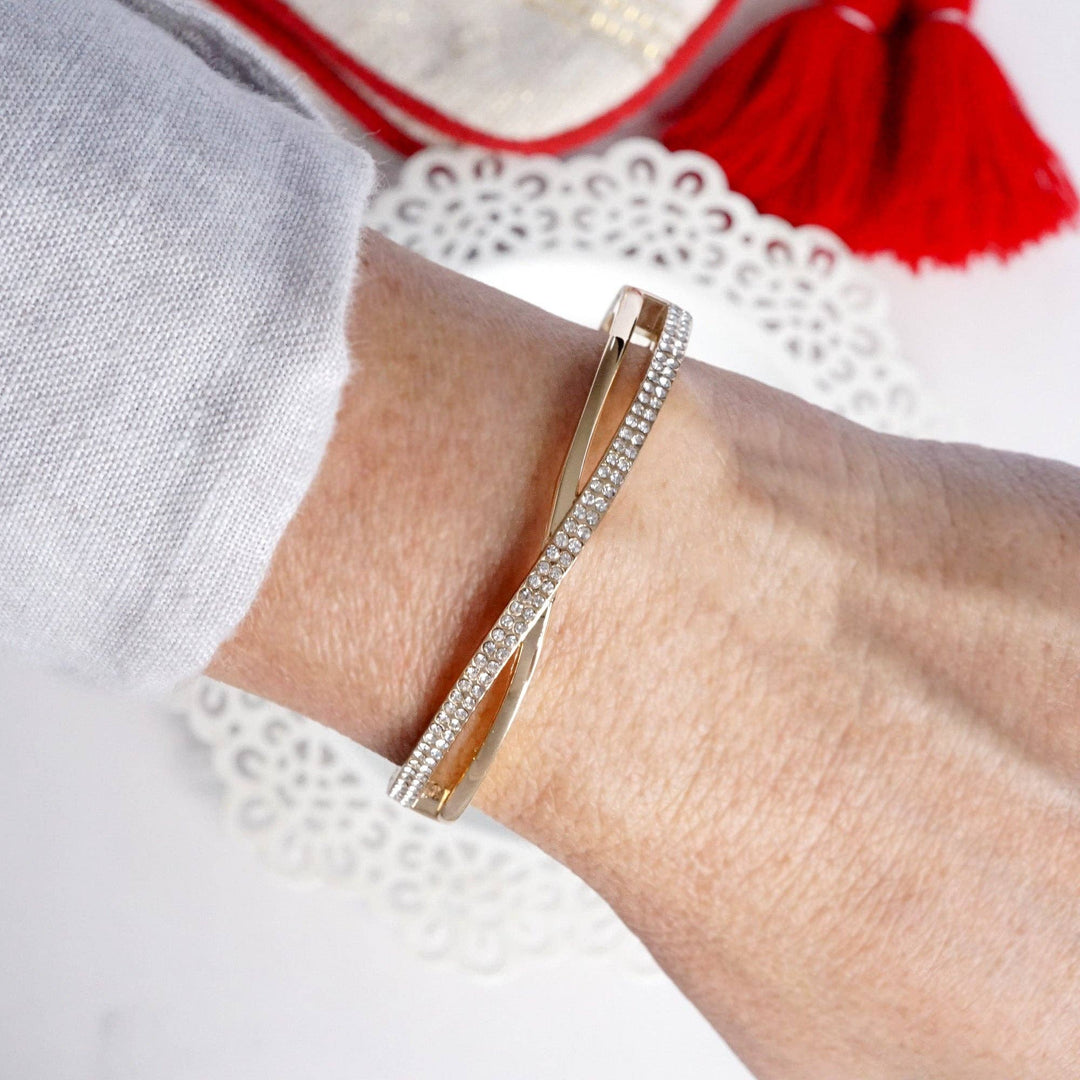 Crossover Hinge Bangle in Gold Tone with Crystals