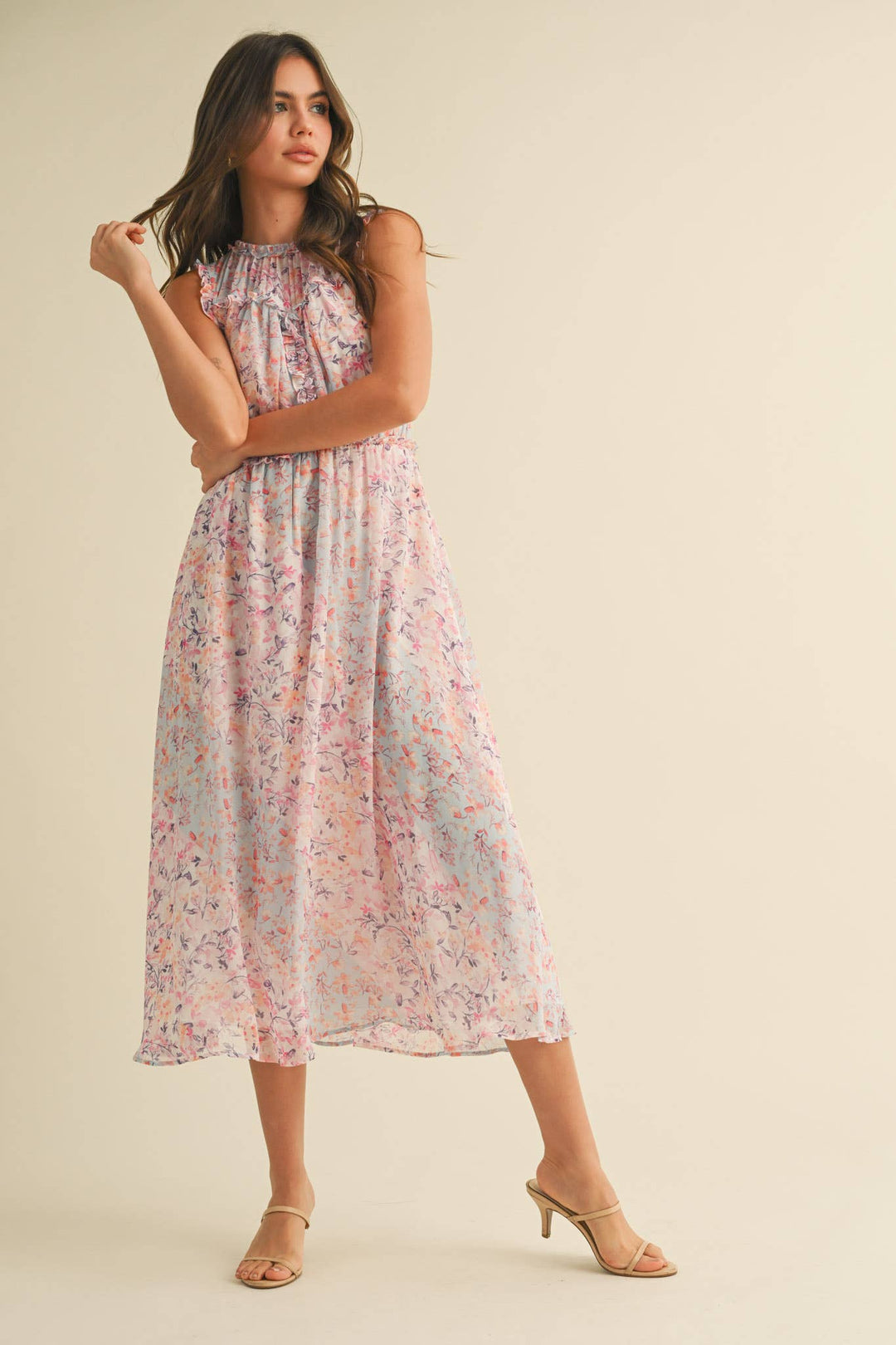 FLORAL PRINT RUFFLE MIDI DRESS