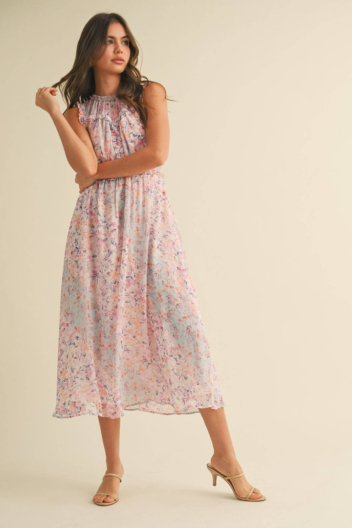 FLORAL PRINT RUFFLE MIDI DRESS