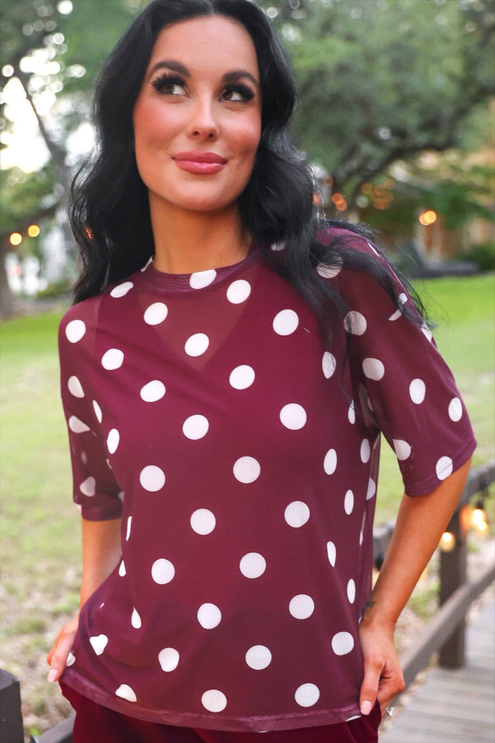 Emma Mesh Tee- Burgundy Polka Dot