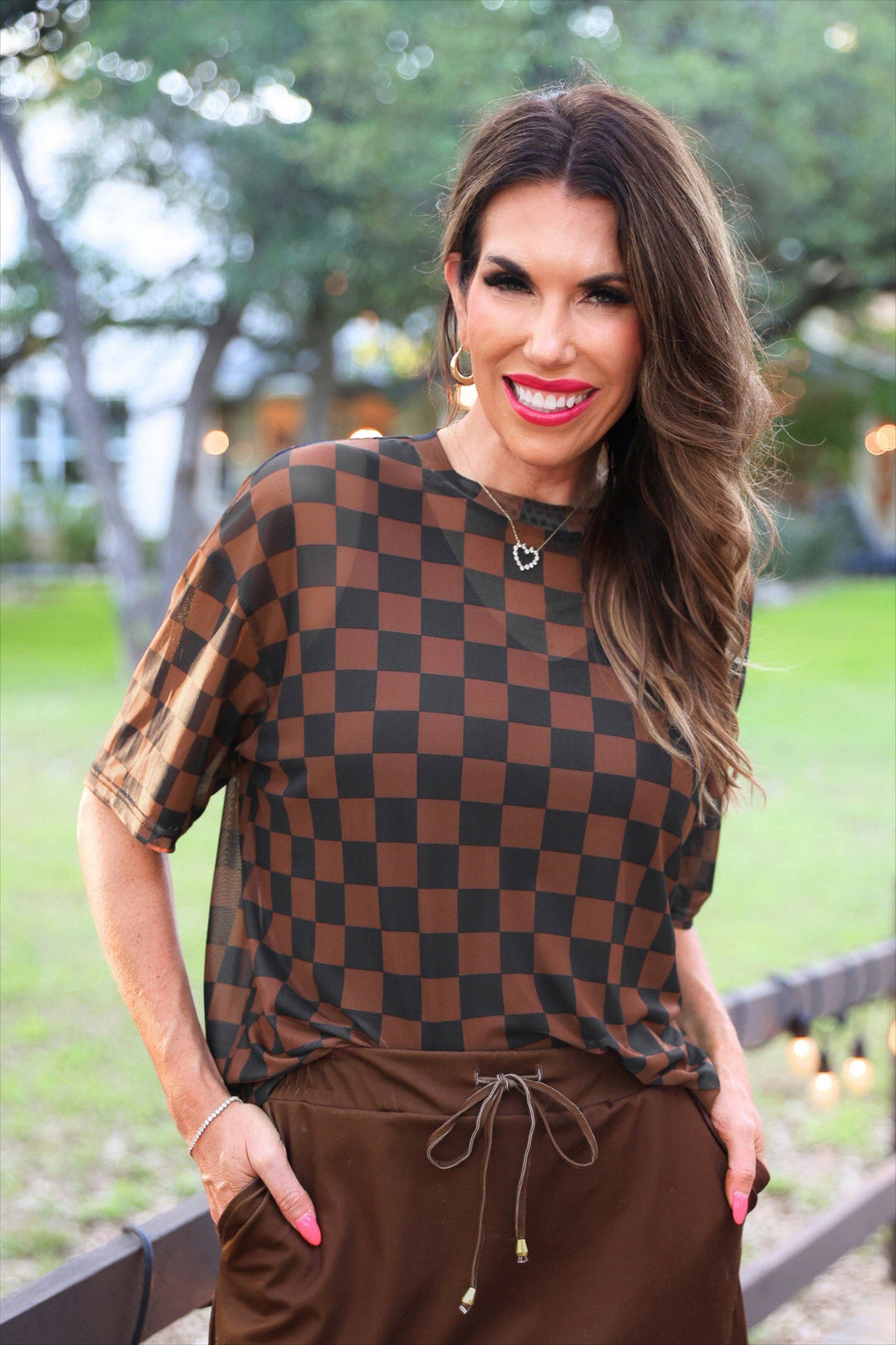 Emma Mesh Tee- Black and Chocolate Checkered
