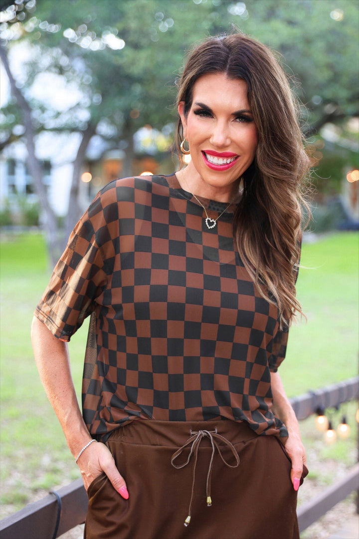 Emma Mesh Tee- Black and Chocolate Checkered