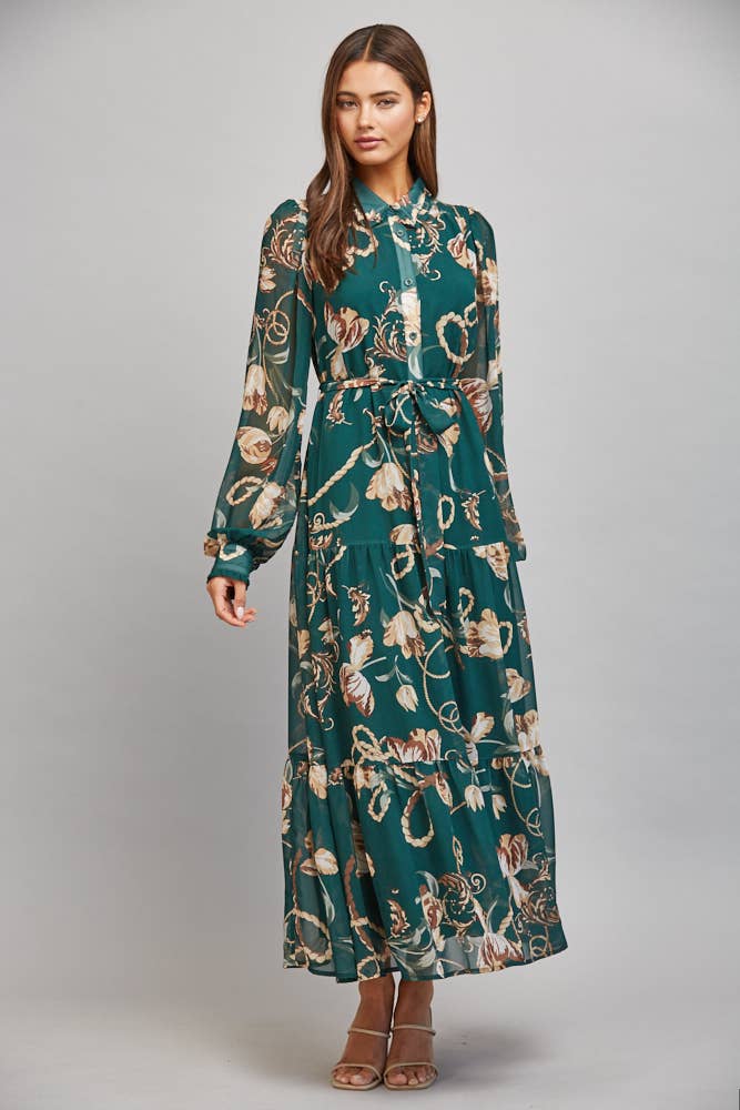 FLORAL/CHAIN PRINT CHIFFON SELF WAIST TIE BUTTON DOWN DRESS