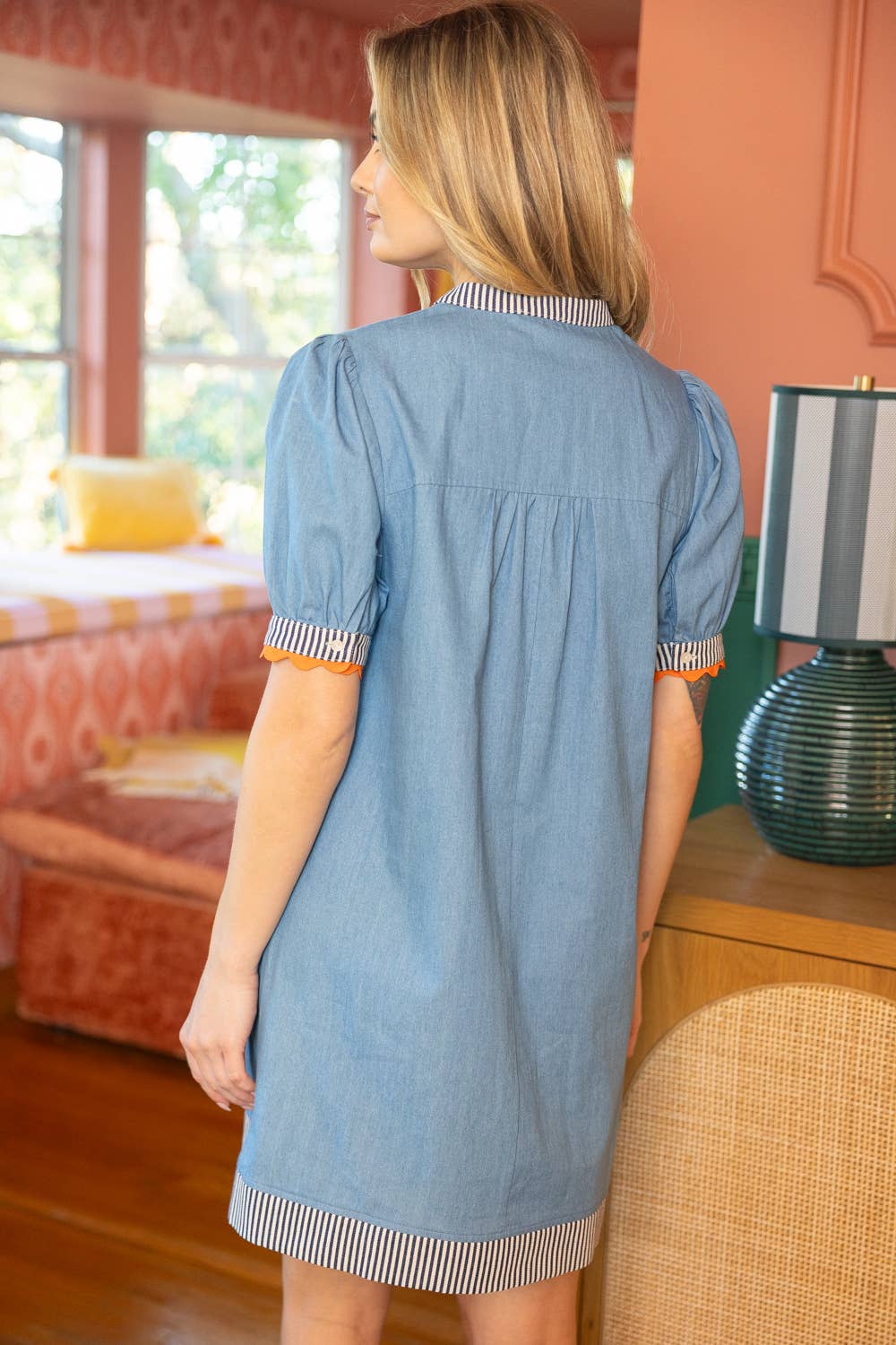 Stripe And Wavy Trim Detailed Chambray Shift Dress