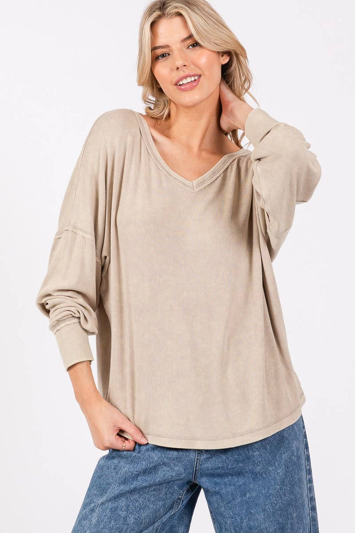 TWIST BACK RIBBED LONG SLEEVE TOP