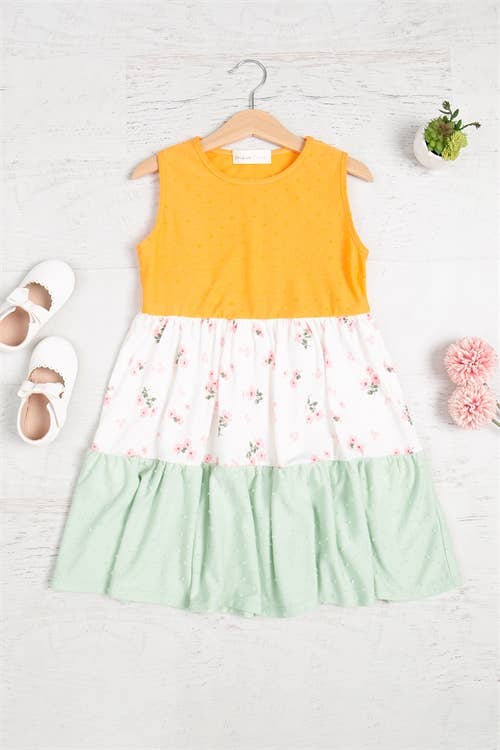 SWISS DOT COLOR BLOCK FLORAL DRESS